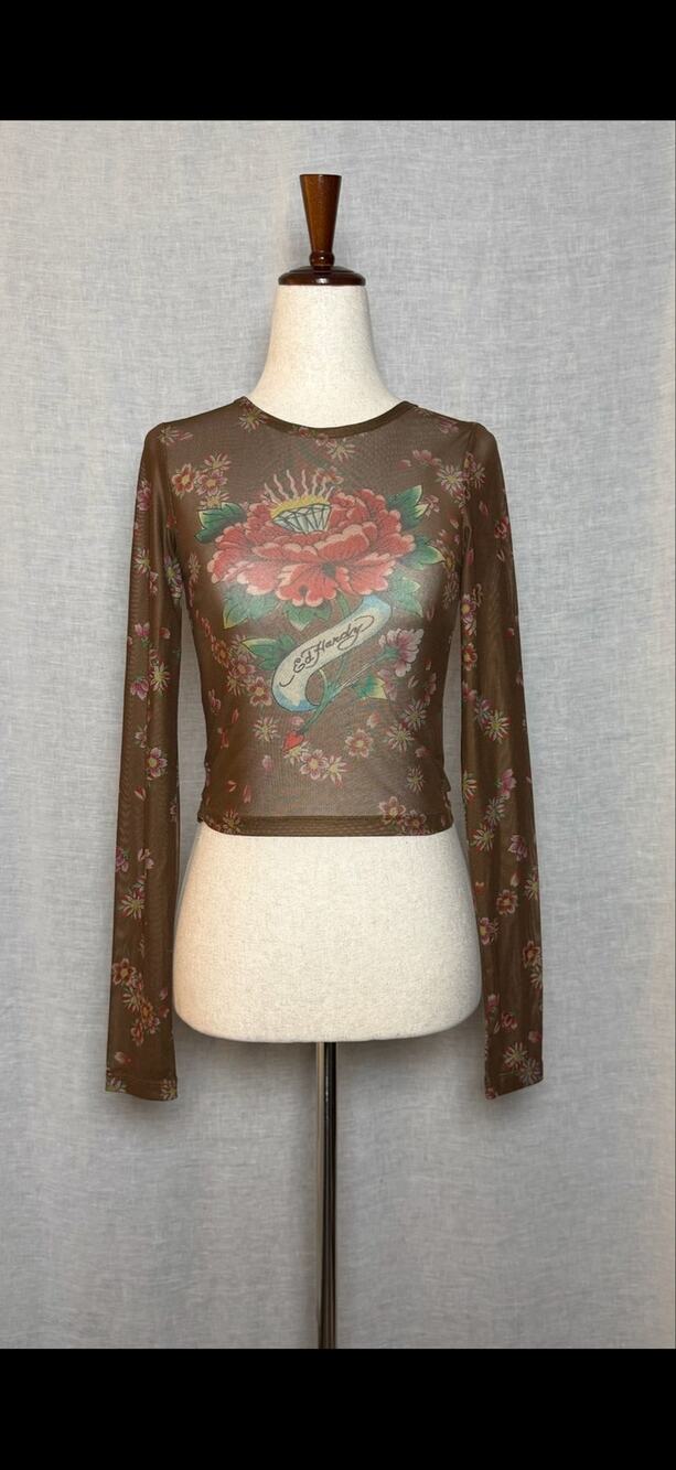 Ed Hardy X Urban Outfitters Brown Sheer Mesh Long Sleeve Crop Graphic Tattoo Top